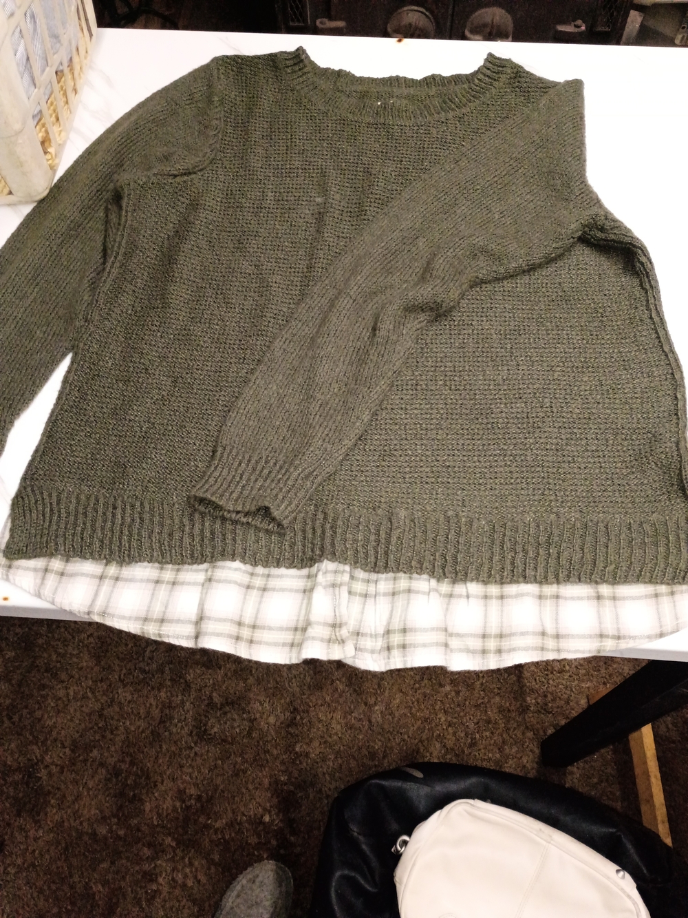 Olive Green Knit Sweater with Plaid Hem